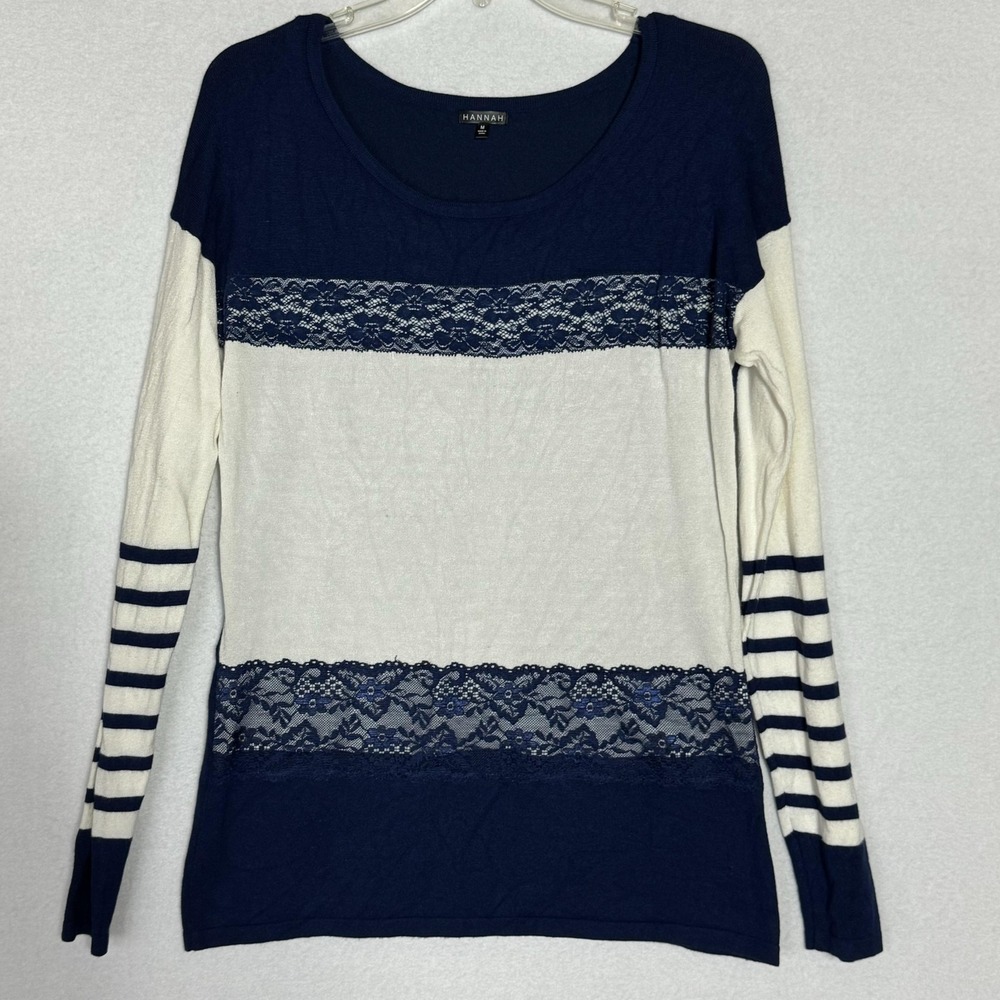 Hannah Sweater Womens Medium Blue White Lace Striped Knit Long Sleeve Pullover